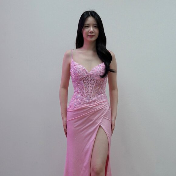 New Sheath Elegant Maxi Dress w/ Sheer Boned Bodice & Sexy Leg Slit JT2613N - Picture 1 of 8